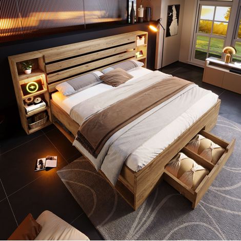 Cama doble moderna 160x200 cm de madera y metal color roble con cabecero almacenaje, LED, USB-C, 2 cajones y somier de láminas (1/5)