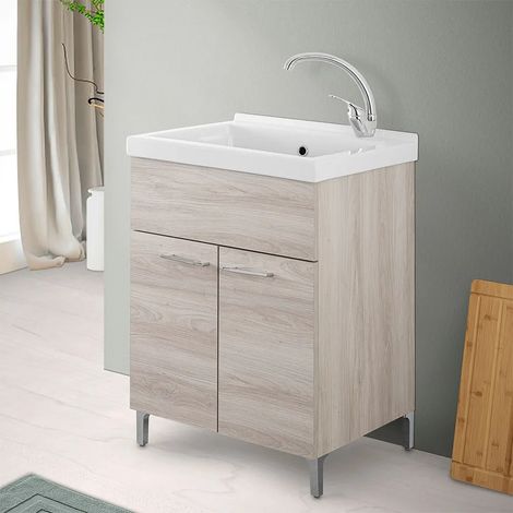 Mobile lavatoio 60x50 cm rovere grigio con vasca lavapanni in ceramica (1/5)
