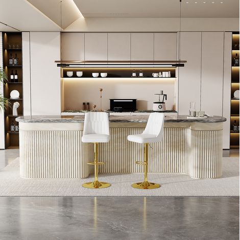 Taburete de bar de metal y PU blanco, regulable en altura, giratorio 360°, con respaldo capitoné, 2 unidades (1/5)