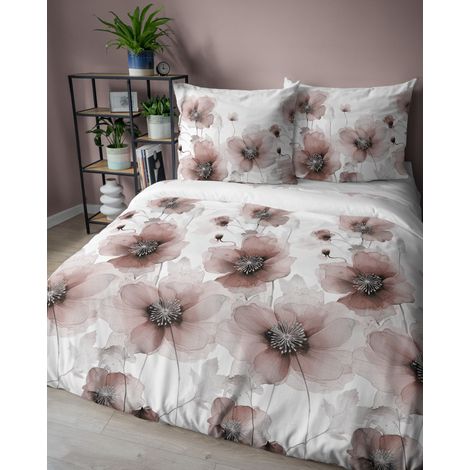 Linge de lit en satin 220x200 Detexpol blanc poudré à motifs romantiques de coquelicots (1/5)