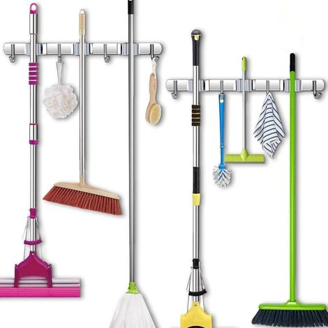 Porte Balai Mural Mur Mop Monté Et Broom Holder, Broom Organiseur Balai Support en Acier Inoxydable à 3 Pinces et 4 Crochets Balai Gris Pour Cuisine Salle de Bains Jardin et Bureau 2 PCS (1/5)