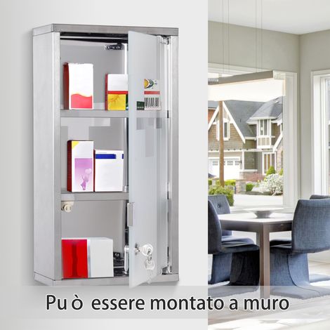 Armoire de toilette en acier, kit de premiers secours avec vitre, double serrure, 48x25 cm, rangement mural (1/5)