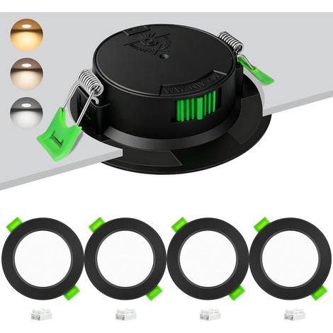 Lot de 4 Spots LED Encastrables 230V 6W, Découpe Ø55-68mm Spot LED Encastrable 3CCT 2700K/4000K/6000K, Ultra Plat 25mm IP44 Spots LED Plafond pour Salle de Bain Cuisine Salon, Noir (1/5)
