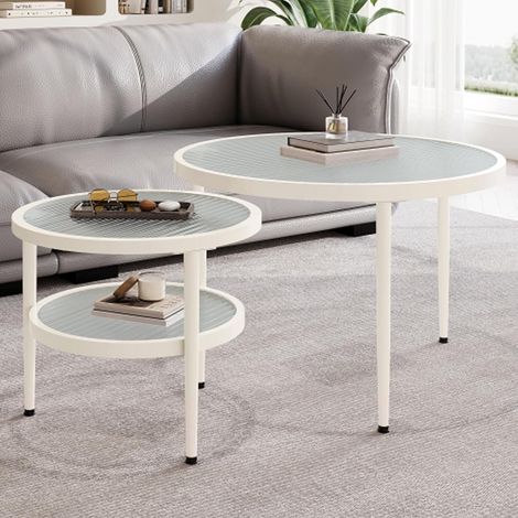 Set of 2 round side tables, wavy glass top, cream white paint, versatile, large storage space, easy assembly, nesting tables for living room, bedroom (1/5)