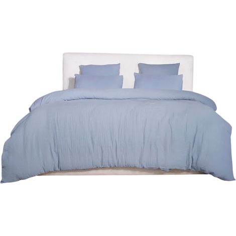 Housse de couette + taies gaze de coton lave 240 x 260 cm Douceur bleu givree (1/3)