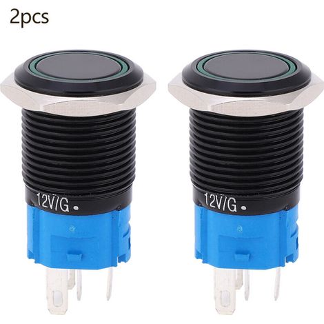 2 interrupteurs à bouton-poussoir 12 V CC 16 mm à 5 broches, autobloquants, étanches IP65, avec voyant lumineux (vert) (1/5)