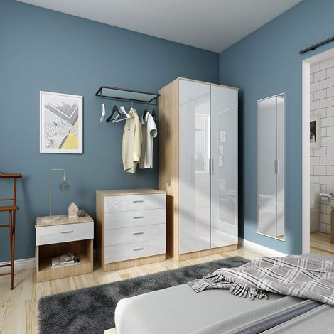 ELEGANT Modern High Gloss Wardrobe and Cabinet Furniture Set Bedroom 2 Doors Wardrobe and 4 Drawer Chest and Bedside Cabinet, White/Oak (1/5)