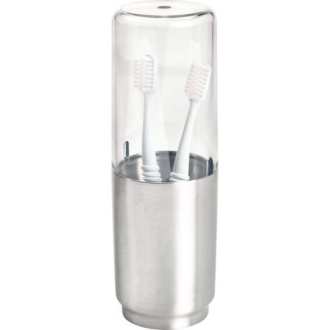 Verre à Dents avec Couvercle, Porte Brosse à dent en Métal et Plastique, Transparent et Argent Mat (1/5)