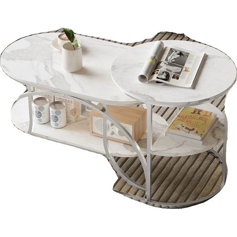 Niedrige Tische, Rundes Design, Zwei-Ebenen-Speicher, WEISS (1/2)