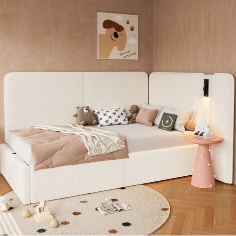Cama diván moderna de bouclé beige 90x200 cm con cabecero tapizado, arcón hidráulico, USB/Type-C y lámpara de lectura