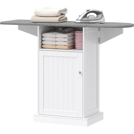 HOMCOM Mobile Stiro a Rotelle con Ripiano Aperto e Armadietto Bianco Grigio