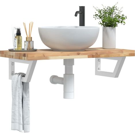 Plan vasque mural 80 x 40 cm en acacia massif et acier blanc avec 2 supports trapèze - PANGIVO (1/5)