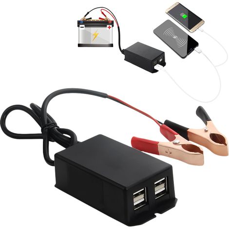 Gleichstromwandler mit Krokodilklemme – USB-Ladeadapter für Motorrad, 12 V 24 V auf 5 V 3 A – 4 USB-Anschlüsse – Schnellladegerät für Telefone und Tablets