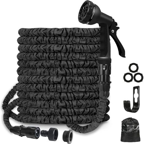 Ausdehnbarer Gartenschlauch - 50 Fuß flexibler ausdehnbarer Schlauch mit 8 Sprühmodi, ausziehbarer Wasserschlauch mit 3/4", 1/2" Anschlüssen für den Garten (schwarz) (1/5)