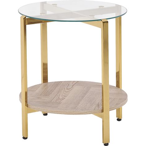 Mesa auxiliar moderna tablero de vidrio templado estructura de metal 1 estante madera clara dorado Lovell