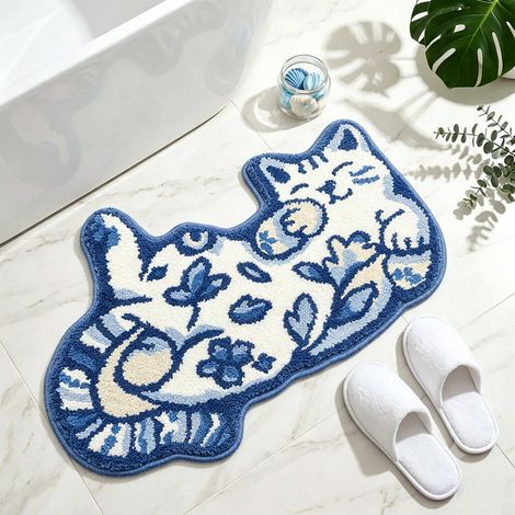 Paillasson de salle de bain original à contour de chaton, tapis décor absorbant en microfibre douce, tapis d’appoint mignon antidérapant à dos caoutchouc lavable en machine pour chambre, entrée et déc (1/5)