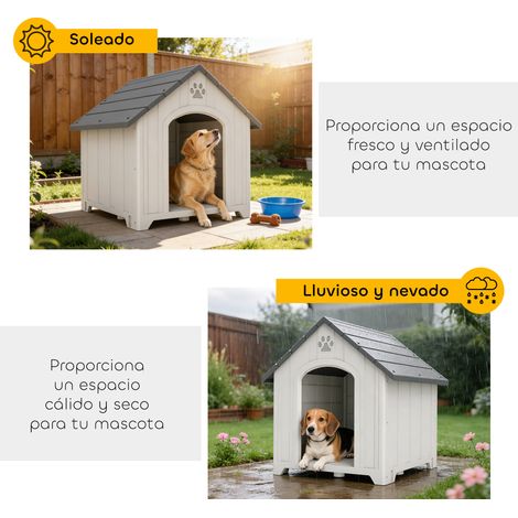 Niche d'extérieur pour chien, grande niche en plastique avec 2 fenêtres, base surélevée, piquets, grise (1/5)