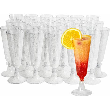 50 Flûtes à Champagne en Plastique Réutilisables Premium à Paillettes Argentées, 150ml - Verres à Champagne, Coupes de Champagne pour Mariages, Anniversaires & Fêtes
