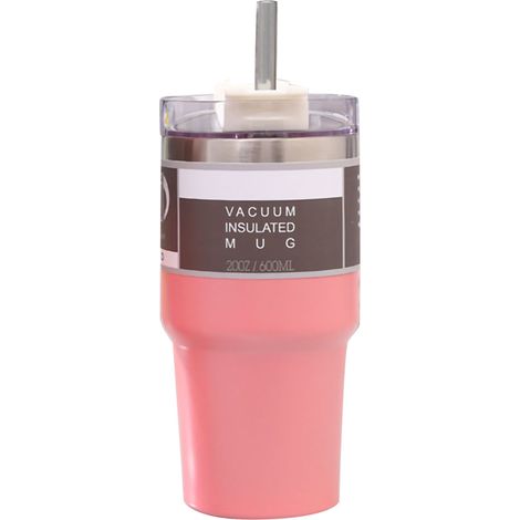 Gobelet isotherme pour voiture 600ml rose, tasse inox double paroi avec couvercle paille, maintient le froid, idéal maison voyage. (1/5)