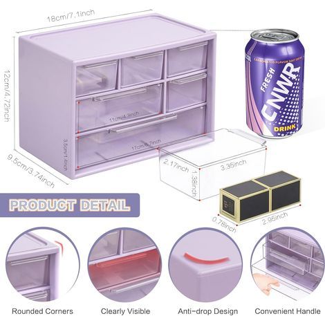Organiseur de bureau avec 6 mini tiroirs, empilable, boîte de rangement transparente pour maquillage, bijoux, fournitures de bureau (violet) (1/5)