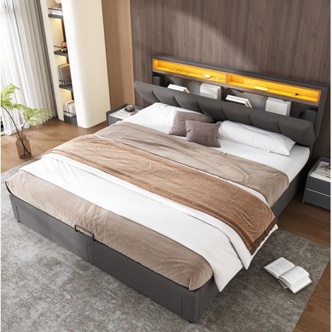 lit adulte couchage LED rangement 160x200 gris fonce OKMYHOME (1/5)