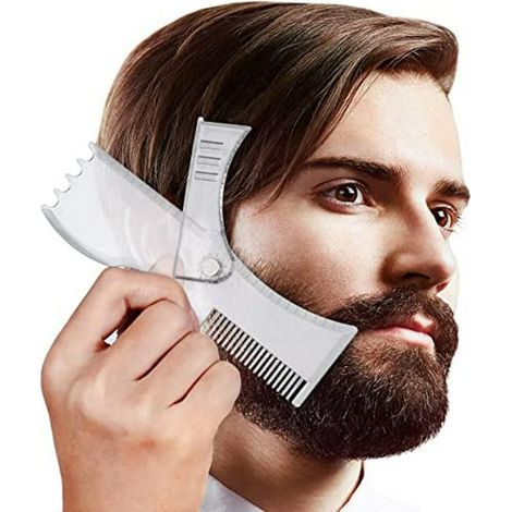 Modèle de coupe-barbe homme avec peigne intégré transparent, gabarit de style pour bouc, moustache, favoris, ligne mâchoire/joue/cou, coupe symétrique/courbe/graduée, 2 (1/3)