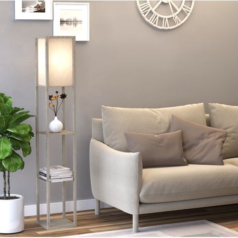 Lampadaire à 3 étagères 26x26x160 cm en MDF blanc et chêne, rangement pour salon – MEUBLIV (1/5)