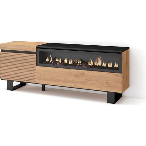 Meuble TV Banc Télé Grand Espace de Rangement 150x57x35cm pour Les TV jusqu'à 65" Cheminée électrique Design Industriel Style Moderne Chêne (1/5)