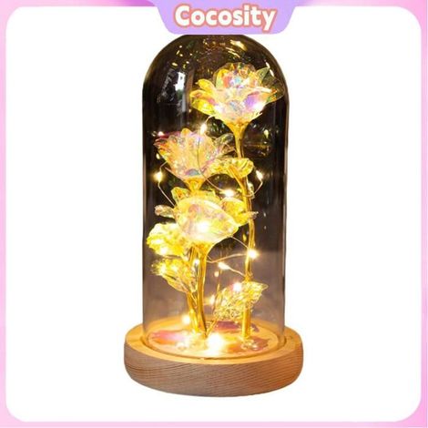 Rose lumineuse LED - COCOSITY - Lumière de rose - Verre sur socle bois - Effet bougie LED - Rose préservée (1/5)