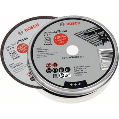 Bosch – Disque à tronçonner pour inox Ø125mm – Lot de 10 – Vitesse max 80 m/s – Pour meuleuses angulaires – Coupe nette sans éclat