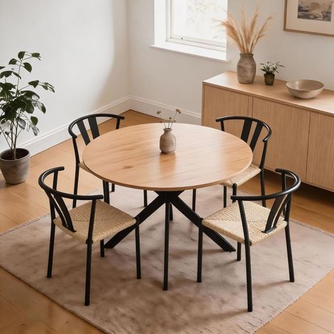 Eira Oak Effect 120cm Round Dining Table Set with 4 Natural Woven Chairs (1/5)
