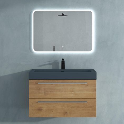 Mai & Mai Mobile Bagno Sospeso 90cm, Mobile da Bagno con Lavabo in Antracite Opaco e Specchio LED, Marrone Chiaro, Seria Quadratto (1/5)