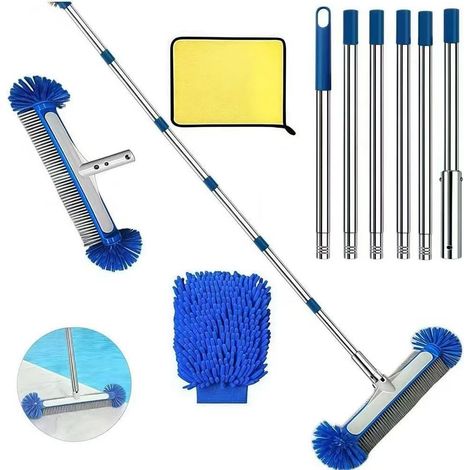 1 - Brosse De Piscine - Tige Télescopique - Nettoyage Murs Et Fonds - Acier Inoxydable - Pour Piscine Et Terrasse - Bleu - 45x230cm