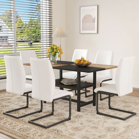 Table à Manger 160 x 90 x 76 cm 6 Chaises Rectangulaire Rangement intégré Chaises blanches en cuir synthétique (1/5)