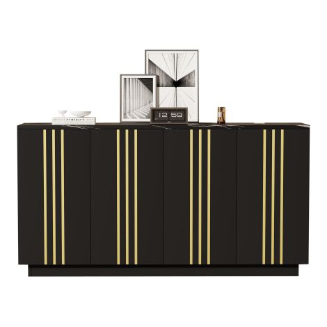 Armoire de rangement buffet noire à décor doré 4 portes fermeture amortie plateau imitation marbre dimensions 140×35×70cm pour salon et salle à manger domestique (1/5)