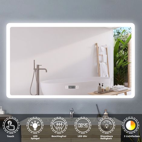 Badspiegel Badezimmerspiegel Wandspiegel mit Beleuchtung Lichtspiegel Beschlagfrei Uhr 3 Lichtfarben Dimmbar LED Memory Funktion 160 x 80 cm (1/5)
