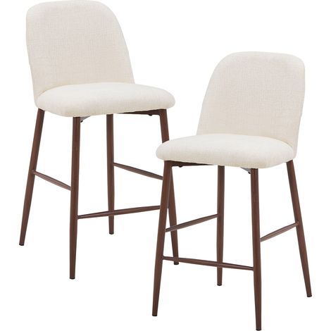 SELIA - Lot de 2 tabourets en tissu beige pieds couleur bois foncé