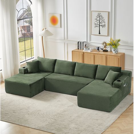 Sofá modular en U sin estructura, 3 módulos, pana verde, sin montaje, respaldo ergonómico (1/5)
