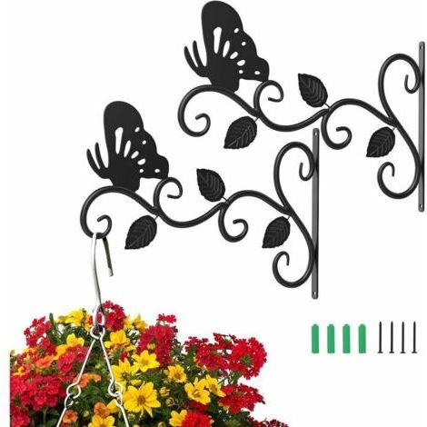 Lot de 2 Supports pour Plantes Suspendues, 12 Pouces Suspension Mural Crochet Plante en Métal, Suspension d'Accessoires pour Plantes Antirouille et Robuste en Forme de Papillon, Noir, (1/4)