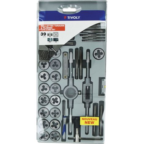 Tivoly • Caja de 39 piezas - 17 machos + 17 matrices M3 a M12 y MF4 a MF12 + 1 calibre de rosca + 1 destornillador + 2 portamachos + 1 portamatriz (1/2)