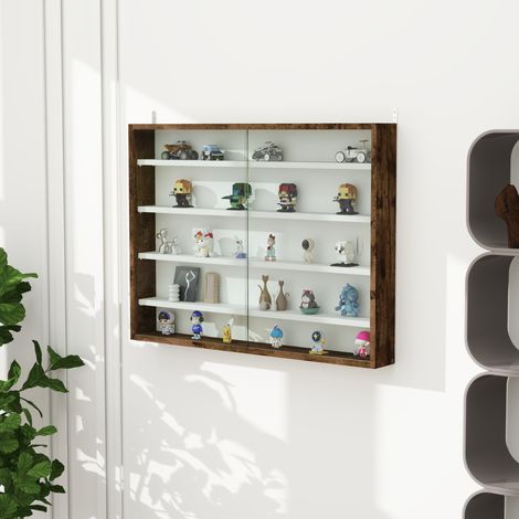 Étagère murale marron en bois et verre, 4 étagères ajustables, 80x9.5x60 cm, vitrine de présentation pour décorations et objets. (1/5)