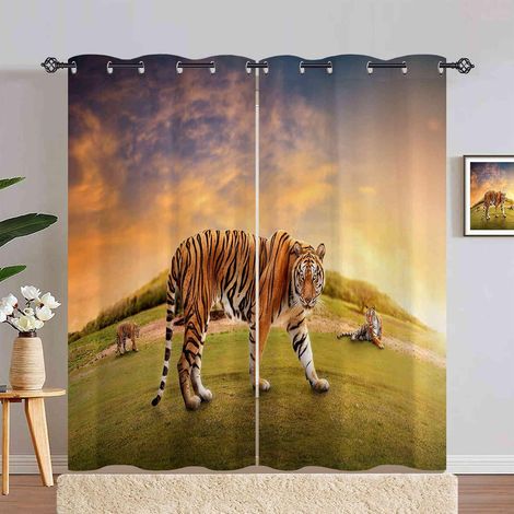 Rideau Occultant Forêt Jungle Animaux Tigre Rideau Thermique Isolant Draperies Intérieurs Tenture Opaque à Oeillets pour Maison Chambre Salon Fenetre 2 Pièces L 140 x H 229 cm - 140L X 229H cm (2 Pann (1/5)