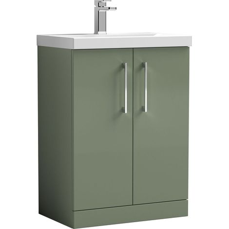 Balterley Contemporary Bathroom Floor Standing 2 Soft-Close Door Vanity Unit & Mid-Edge Basin, Satin Green, 600 mm