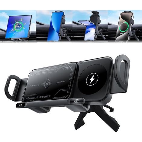 Support de téléphone pour voiture - Support de téléphone avec chargeur sans fil - Support smartphone 2 en 1 - Charge rapide 15 W - Rotatif - Noir (1/5)