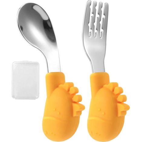 Cuillère Fourchette Bébé - En Acier Inoxydable Et Silicone - Pour Repas Enfants 12 Mois+ - Lot De 2 Pièces Avec Boîte De Rangement (1/5)