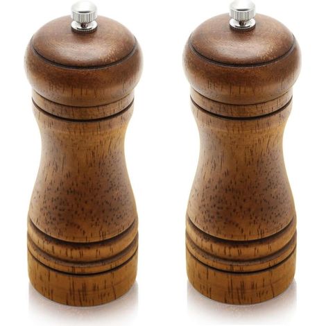 Ensemble de moulins à sel et à poivre, lot de 2 moulins à poivre en bois, moulin à épices manuel rechargeable avec rotor en céramique réglable pour la cuisine, piment, clous de girofle, épices (14 cm/ (1/5)