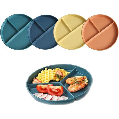 Plato de cena irrompible con divisiones, 4 piezas con 3 compartimentos, redondo, para adultos y niños, ideal para la cena y el postre. (1/4)