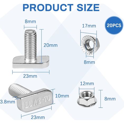 20 Pièces Boulons à Tête en T M8x20 vis à tête Marteau avec Boîte en Plastique vis de Serre en Inox avec écrous à Bride pour Serre Profilés en Aluminium Rail de Montage Solaire à 8mm Gorge