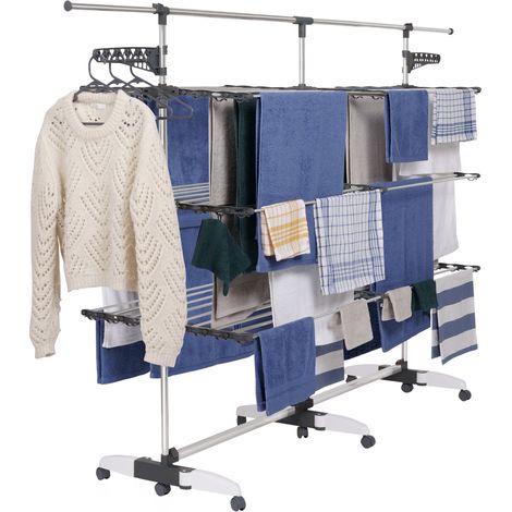 Idmarket – Étendoir à linge vertical pliable 3 niveaux – Capacité 50M – Tringle télescopique – Dimensions déplié 168-244,5 x 67 x 150 cm – Charge max 25 kg