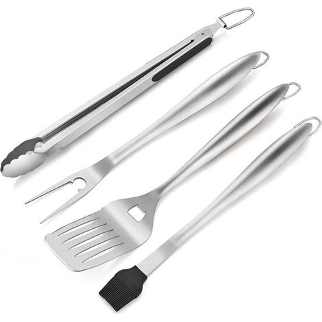 Ensemble de barbecue professionnel en acier inoxydable, accessoires de grillade robustes pour hommes, kit complet avec spatule, fourchette, brosse et pinces pour tous.-AquaForge (1/5)